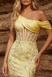 Robe de rentrée à la maison à fleurs transparente corset jaune bodycon, une épaule et des paillettes