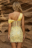 Robe de rentrée à la maison à fleurs transparente corset jaune bodycon, une épaule et des paillettes