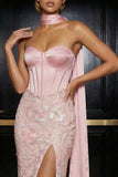 Corset sans bretelles brodée rose Fourreau Longue robe de soirée avec fente