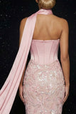 Corset sans bretelles brodée rose Fourreau Longue robe de soirée avec fente