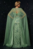 Robe de soirée sirène à volants à brides fines fines vertes broderie, corset à volants