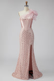Sirènes en satin rose, paillettes, perles, corset à une épaule, longue robe de bal avec fente