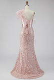 Sirènes en satin rose, paillettes, perles, corset à une épaule, longue robe de bal avec fente