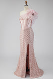 Sirènes en satin rose, paillettes, perles, corset à une épaule, longue robe de bal avec fente