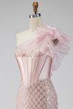 Sirènes en satin rose, paillettes, perles, corset à une épaule, longue robe de bal avec fente