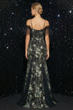 Robe de soirée sirène noire à épaules froides appliquée et paillettante, fendue