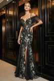 Robe de soirée sirène noire à épaules froides appliquée et paillettante, fendue