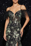 Robe de soirée sirène noire à épaules froides appliquée et paillettante, fendue