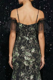 Robe de soirée sirène noire à épaules froides appliquée et paillettante, fendue