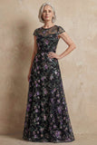 Robe longue de mère de la mariée brodée bleue brodée en A