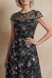 Robe longue de mère de la mariée brodée bleue brodée en A