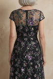 Robe longue de mère de la mariée brodée bleue brodée en A