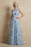 Robe longue de mère de la mariée brodée bleue brodée en A