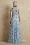 Robe longue de mère de la mariée brodée bleue brodée en A