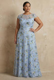 Robe longue de mère de la mariée brodée bleue brodée en A