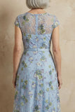 Robe longue de mère de la mariée brodée bleue brodée en A