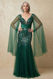 Robe de mère de la mariée en sirène scintillante et sequins vert foncé