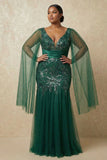 Robe de mère de la mariée en sirène scintillante et sequins vert foncé