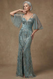 Robe de la mère de la mariée à manches demi-sirène gris vert scintillante avec fente