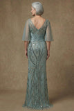 Robe de la mère de la mariée à manches demi-sirène gris vert scintillante avec fente