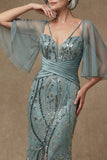 Robe de la mère de la mariée à manches demi-sirène gris vert scintillante avec fente