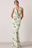 Robe de demoiselle d’honneur longue à col nu vert sirène vert avec fente