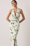 Robe de demoiselle d’honneur longue à col nu vert sirène vert avec fente
