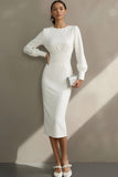 Robe de fiançailles Midi blanche simple à col rond et fourreau avec manches