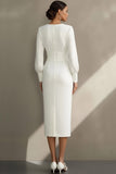 Robe de fiançailles Midi blanche simple à col rond et fourreau avec manches
