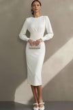 Robe de fiançailles Midi blanche simple à col rond et fourreau avec manches
