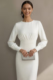 Robe de fiançailles Midi blanche simple à col rond et fourreau avec manches