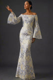 Robe longue de mariage sirène à manches flottantes bleu poussiéreux
