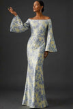 Robe longue de mariage sirène à manches flottantes bleu poussiéreux