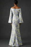 Robe longue de mariage sirène à manches flottantes bleu poussiéreux