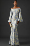 Robe longue de mariage sirène à manches flottantes bleu poussiéreux
