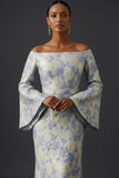 Robe longue de mariage sirène à manches flottantes bleu poussiéreux