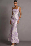 Longue robe de mariée pour invité à la sirène lilas jacquard à bretelles fines fines