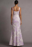 Longue robe de mariée pour invité à la sirène lilas jacquard à bretelles fines fines