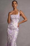 Longue robe de mariée pour invité à la sirène lilas jacquard à bretelles fines fines