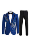 Costumes bleus de bal deux pièces à une encoche à bouton, avec des paillettes