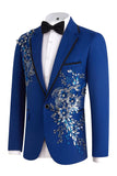 Costumes bleus de bal deux pièces à une encoche à bouton, avec des paillettes