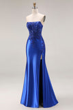 Robe de soirée longue vert foncé satin sans bretelles appliquée avec fente
