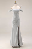 Robe de bal longue de bal à plis plissés en sirène gris clair avec fente