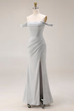 Robe de bal longue de bal à plis plissés en sirène gris clair avec fente