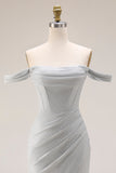 Robe de bal longue de bal à plis plissés en sirène gris clair avec fente