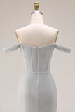 Robe de bal longue de bal à plis plissés en sirène gris clair avec fente