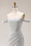 Robe de bal longue de bal à plis plissés en sirène gris clair avec fente