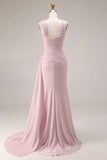 Robe de bal longue en satin plissé en satin rose avec une longue cape