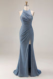Robe de bal longue de bal de fin d’année en sirène bleu nuvel poussiéreuse avec fente