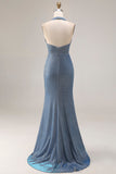 Robe de bal longue de bal de fin d’année en sirène bleu nuvel poussiéreuse avec fente